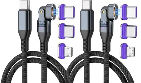 REFLEX POWER 240W 1M 3-in-1 Magnetic USB-C Flat Nylon Braid Fast Charging/Data Transfer Cable with USB-C, Lightning & Micro USB, for Smartphones, Laptops and Tablets ((2 Pack) 240W 1m Mag Cable)