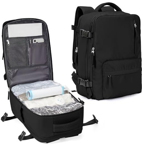 SZLX Mochila de Viaje con Bomba de Vacío, Mochila Airbag Equipaje de Mano Mujeres, Ryanair Mochila de Viaje Tamaño Cabina con Bomba Maleta de Vacío Impermeable para Hombre(Negro,con Vacío)