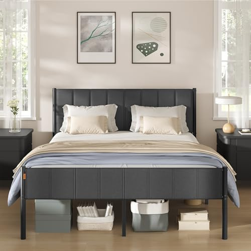 VASAGLE King Bed Frame, with Upholstered Headboard, 150 x 200 cm | Metal Bed Frame, 500 kg Weight Capacity, Easy Assembly, Slate Grey, DUPON Collection RMB977GN01