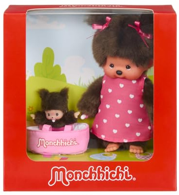 Sekiguchi 204076 Original Monchhichi Girl with Pink Heart Dress and Bebichhichi in Cot, Approx. 20 cm Large Cuddly Toy Made of Brown Plush
