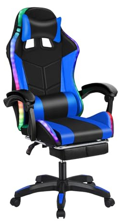 Tifemap Chaise Gaming Réglable en Hauteur, Chaise Bureau avec Haut-Parleurs Compatibles Bluetooth et Éclairage LED, Fauteuil de Bureau Soutien Ergonomique avec Repose-Pieds Rétractable (Bleu)