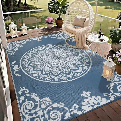 Homcomodar Outdoor Teppich Wetterfest 180x270cm Outdoor Teppich Balkon Waschbar Kunststoff Stroh Outdoorteppich UV-beständige Vorzeltteppich fur Garten,Patio Balkon,Deck,Pool,Hinterhof(Blau&Weiß)