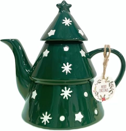 Weihnachts-Keramik-Teekanne, Weihnachts-Porzellan-Kaffeekanne, 820 ml große Baum-Tasse mit Henkel, Weihnachtsfeier,Dark green-One Size