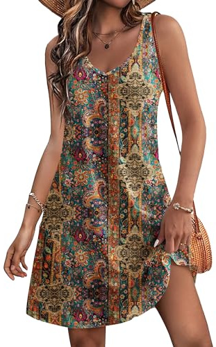 Hotouch Robe Feme Été Courte Col en V avec Poches De Plage Elegant Décontractée Lâche Vacances Imprimé
