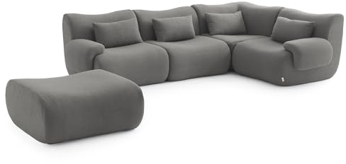 MILYsofa Modulares Ecksofa, 4-Sitzer mit Ottomane, Bouclé-Bezug Wolkengrau, Abnehmbare Kissenbezüge (Wolkengrau, 4-Sitzer mit Ottomane)