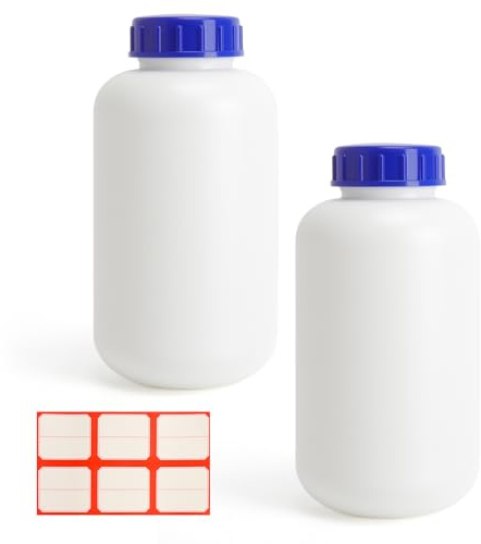 Weithalsflasche 1000ml Laborflasche 1000ml HDPE Flasche Plastikflasche,2er Set Weithals Flasche Kunststoff mit Schraubverschluss auslaufsicher lebensmittelecht mit Etikett für Küche Labor Werkstatt