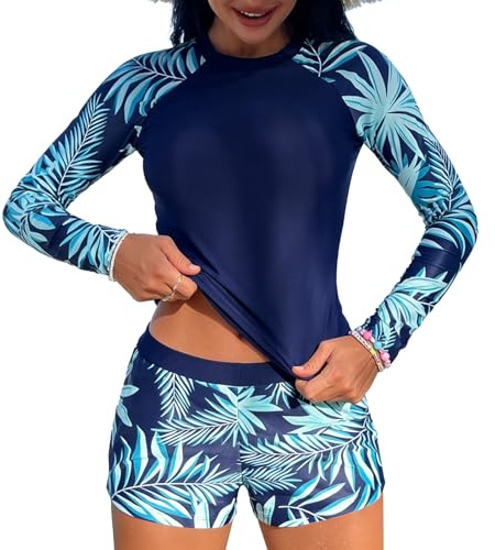 Women's Long Sleeve Rash Vest UPF 50+ UV Protection 2 Piece Swimsuit with Colour Block & Removable Pads - Breathable Swim Shorts Set for Surfing Beach Holiday (UK, Alpha, S, Regular, Regular, Blue)