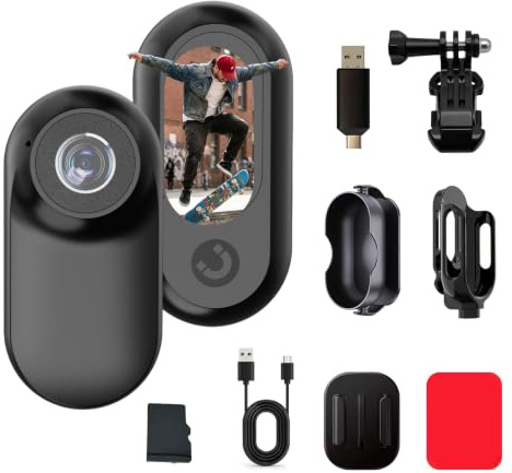 fceoul Mini Body Camera 1080P, Mini Action Camera withScreen & 32GB Memory Card, Thumb Pov Camera forCycling, Helmet, Pets & Vlogging