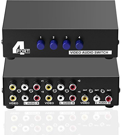 SIENOC 4-Way Interruptor AV 4 en 1 de Cada selector RCA de Audio y vídeo L/R Caja de Interruptor Splitter Negro para Consolas de Videojuegos DVD STB