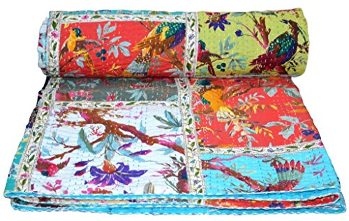 V Vedant Designs Tagesdecke, Patchwork, Baumwolle, Kantha, Vogel-Druck, Tagesdecke, Gudari (Queen-Size)
