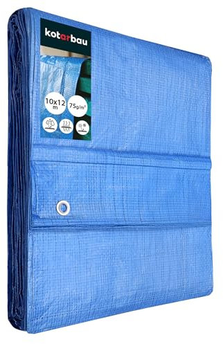 KOTARBAU - Lona, 10 x 12 m, color azul, 75 g/m2, ojales reforzados, lona de protección, impermeable, resistente a desgarros, lona industrial o para construcción, para cualquier condición meteorológica