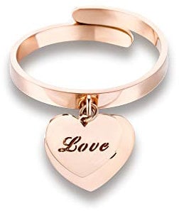 PJ-doppio ciondolo a forma di cuore, anello regolabile, placcato in argento, per compleanno, anniversario, Natale e Rame, colore: Oro rosa