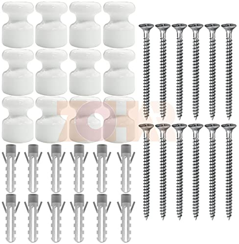 ZOHAR 12 x Porzellanisolatoren zur Textilkabel Weiß Isolatoren Porzellan | Wand und Deckenpins Wandpins Porzellan, Aufputz-Kabelhalter für Lampe Vintage glänzend, Ø18mm, Isolatoren Keramik