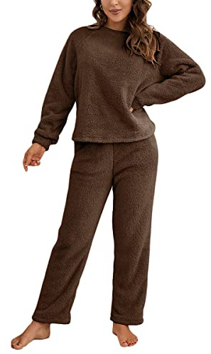ORANDESIGNE Pigiama Donna Invernale Caldo Pigiami Maniche Lunghe Pile Super Morbido Pigiami Due Pezzi da Donna A caffè M