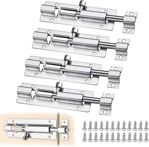 Door Security Slide Latch Lock, 4PCS Stainless Steel Sliding Door Latch with Screws, Barrel Bolt Latch, Slide Door Bolt for Home Yard Garden(3 Inch, Silver)