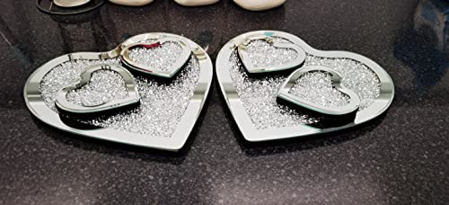 Deenz New Heart Shaped 4X Coaster 2X Placemets Set Of 6 Mirror Full Crushed Jewel Diamante Diamond Glass Cup Mat Gift Set