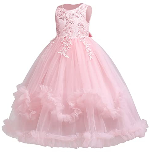 IMEKIS Kinder Blumenm�Dchen Brautjungfernkleid Prinzessin Hochzeit Kommunion Festzug Ballkleid �rmellos Geburtstag R�schen T�ll Tutu Elegant Lang Abschlussball Partykleid Rosa 7-8 Jahre