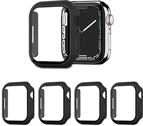 AOTUAO 4 Stück Hülle mit Displayschutz Für Apple Watch Series 9 8 7 45mm, PC Rundum Schutzhülle Kratzfest Schutzfolie Schutz Case für iWatch Series 9 8 7 45mm (4 Schwarz)