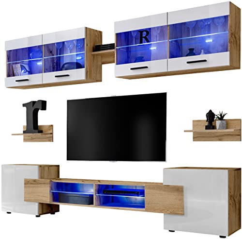 ExtremeFurniture Vision Ensemble Meuble TV Mural de Salon | 2 vitrines suspendues, 3 étagères murales et 1 Meuble TV | RGB | Pratique de Rangement