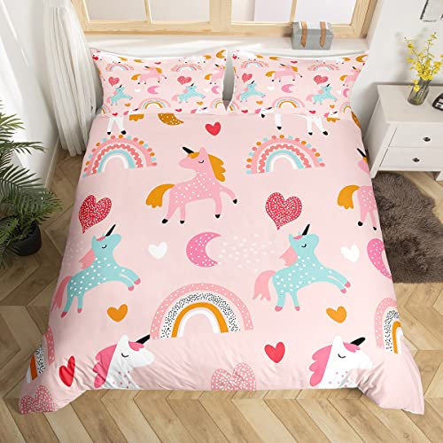 Parure de lit Enfant Licorne Filles 220x240 Parure de lit Arc-en-Ciel Adolescent bébé Rose Housse de Couette Femme Mignon Licorne Chevaux Parure de lit avec 2 taie d'oreiller, Beau Motif Licorne