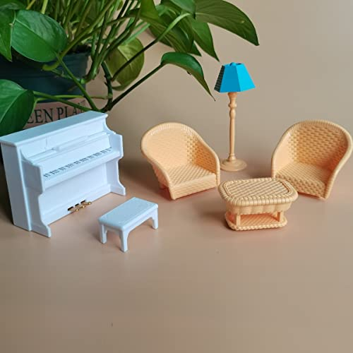 KARLOR Puppenhaus Möbel Set, 6 Stück Puppenmöbel Mini Rattanstuhl Tisch Stehlampe Bier Tasse Puppenhaus Zubehör Deko 1:12 Miniatur Puppenhaus Stuhl Tisch Lampe Wohnzimmer zubehör Dollhouse Furniture