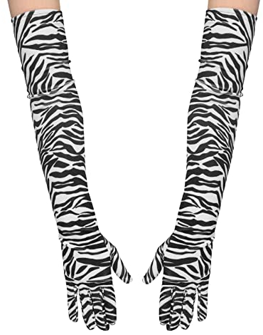 RUIXIA Damen Ellenbogen Lang Handschuhe mit Leopard Zebra Print Vintage Abendhandschuhe Samthandschuhe Druck Lang Volle Finger Handschuhe zur Party Abendkostümkleid 55 * 11cm