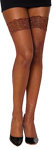 Dreamgirl Women's Fishnet Thigh High Pantyhose Hosiery Stockings with Non-Slip Silicone Lace Top, Stay Up Rose Pattern Lace Band and Durable Back Seam, One Size, 1PC, Espresso