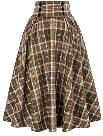 WSLCN Jupes Femmes à Carreaux Tartan Plaid Jupe Mi-Longue évasée Rétro Taille Haute A-Ligne Plissée Kaki L