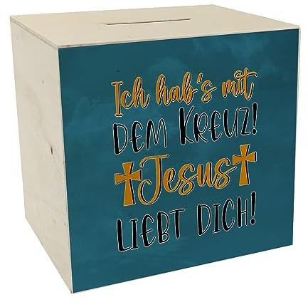 Jesus liebt Dich Spardose aus Holz mit Spruch Ich habs mit dem Kreuz EIN dekoratives Sparschwein für deinen Schreibtisch Jesus Gott Sparbüchse Religion