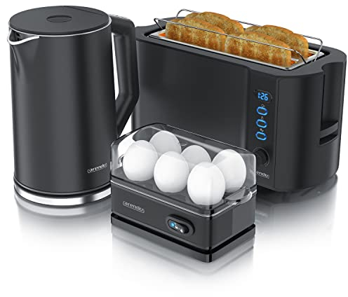 Arendo - Wasserkocher mit Toaster SET und Eierkocher, Edelstahl Schwarz Wasserkocher 1,5L 40° - 100°C, Toaster 4 Scheiben LED-Display 6 Bräunungsgrade Eierkocher 1-6 Eier Messbecher BPA frei