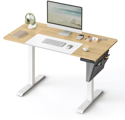 SONGMICS Höhenverstellbarer Schreibtisch elektrisch, 60 x 120 x (72-120) cm, stufenlos verstellbar, gespleißte Platte, Memory-Funktion mit 4 Höhen, pastellgelb-basisweiß LSD015N01