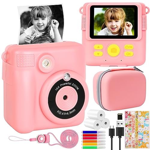 Instant Print Camera for Kids, Flexiver Christmas Birthday Gifts for Girls Boys Age 3-12, HD Digital Video Cameras for Toddler, 16x Digital Zoom, 2.4 Screen with Storage Bag,32GB SD Card (Pink)
