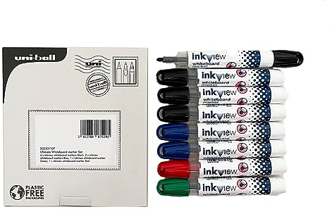 uni-ball Inkview Whiteboard Pens. Dry Wipe Easy Erase Markers for Writing, Colouring. Back to School Supplies Stationery Set for College, University, Office. Felt Tip Black, Blue, Green, Red. 8 Pack