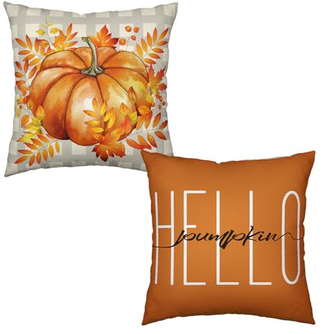 Wnoesat Fall Pillow Covers 20x20 Maple Leaf Pumpkin Farmhouse Decorative Pillow Covers Set of 2 Orange Plaid Autumn Linen Throw Pillow Covers Happy Fall Thanksgiving Pillow Cases for Sofa Home Decor