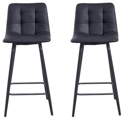 Lot de 2 Tabourets de Bar, Chaises Hautes, Revêtement en PU avec Dossier et Repose-Pieds, Cadre en Métal pour Bar Bistro, 43 cm (L) x 34 cm (l) x 97 cm (H) (Noir)