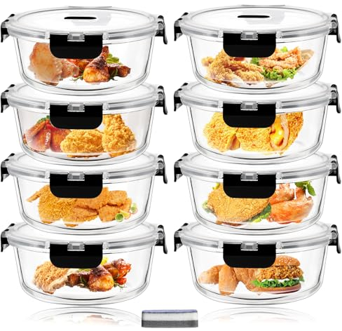 Hcrvvi Glass Containers with Lids Set - Food Containers 8 Pcs with Upgraded Snap Locking Lids, Meal Prep Containers 400ml, Airtight Food Storage Containers, BPA Free, Meal Prep Containers Reusable