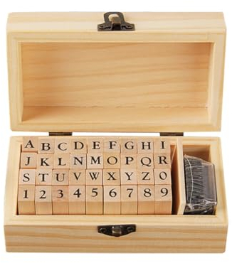 36 Stücke Alphabet Stempel Set, Holz Buchstabenstempel Zahlen Siegel Vintage Alphabet Buchstaben Stempel Set mit Aufbewahrungs Box für Kinder Grußkarten Einladungen Tagebuch Postkarte und Scrapbook