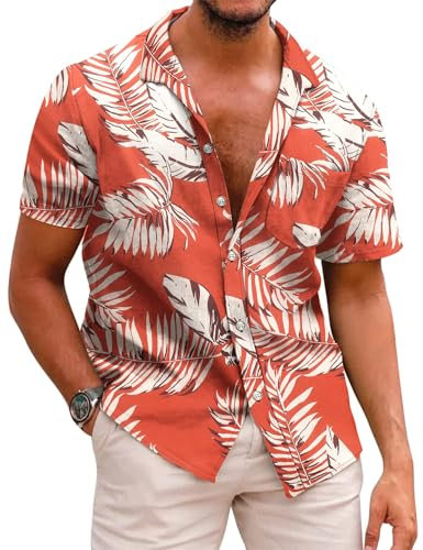 COOFADNY Camisa Hawaiana Hombre Manga Corta Funky Camisa Flores Camisas Estampadas Camisas Causal Playa Tropicale Palma Transpirable Ligera A-Rojo L