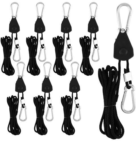 CHUENHEI 8 Stück Seilratsche mit Haken, 2,4m x 4mm Verstellbarer Seil Ratsche, 150lb Duty Heavy Seil Ratchet Aufhänger, Rope Ratsche Seilaufhänger für Zelt, Pflanzenlampe, Camping