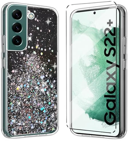 Glitter Bling Coque et 1Pcs Verre trempé Protection Compatible with Samsung Galaxy S22 Plus Coke Coque de Protection étui Housse Etui Protection et protège écran Antichoc,Noir