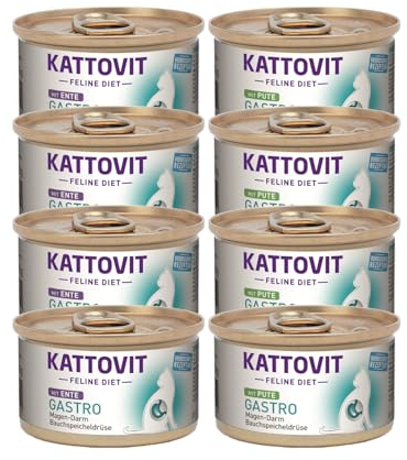 Kattovit Feline Diet Gastro | Pute & Ente 8X 85g - einzeln oder im Bundle | Magen-Darm/Bauchspeicheldrüse (i-Rezeptur) | für Katzen mit Gastro-intestinalen Problemen (8, Bundle)