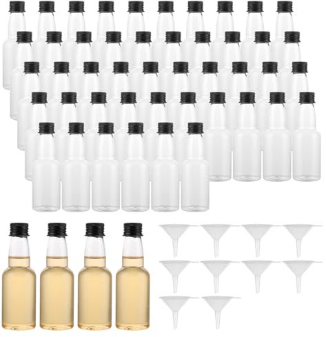 APACALI 50 Stück Kleine Flaschen zum Befüllen, 60ml Schnapsflaschen zum Befüllen, Mini Fläschchen Plastik mit Schraubverschlüssen und 10 Trichter, Likörflaschen von Flüssigkeiten für Hochzeiten