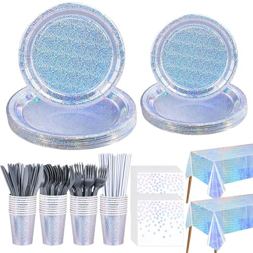 202 Pcs Iridescent Party Decorations, Holographic Paper Plates and Napkins Set, Disposable Silver Cups Tableware Knives Spoons Fork Straw Tablecloth Set for Disco Birthday Party Decorations Serves 25