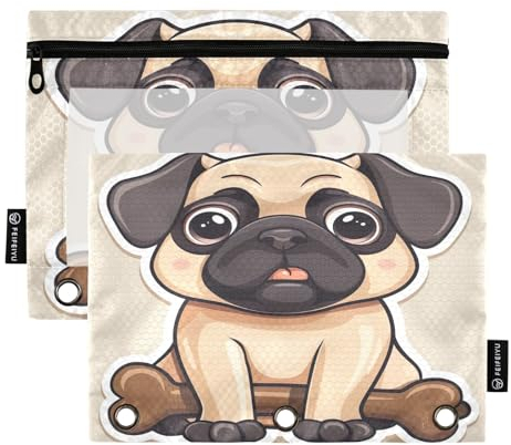 GAIREG Federmäppchen mit niedlichem Mops, mit 3 Ringen und Knochen, Federmäppchen mit Reißverschluss, 2 Stück