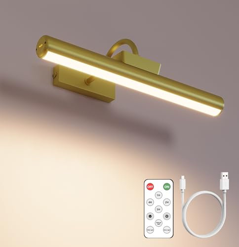 Picture Light Battery Operated, 13in Wireless Art Light for Paintings, Dimmable 5000mAh Recharging Battery Picture Light with Remote Control for Wall, Gallery Dartboard Art Bedroom (Gold-1Pack)