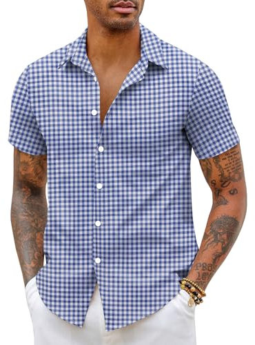 COOFANDY Mens Shirts Short Sleeve Shirts Casual Shirts Plaid Shirts Summer Shirt Slim Fit Checked Shirts Button Down Shirts Office Shirts Work Shirts Plaid-Blue M