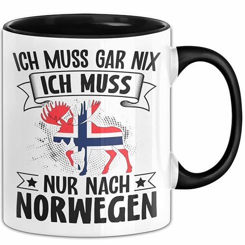 Norwegen Tasse Geschenk Ich Muss Gar Nix Ich Muss Nur Nach Norwegen Geschenkidee Geburtstag Kaffee-Becher (Schwarz)