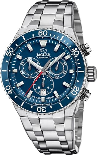 JAGUAR Swiss Made Herrenuhr Chronograph aus Edelstahl 316L | Quarzuhr, Kalender, Widerstandsfähiges Saphirglas, Wasserdicht 10 ATM, J1022/2, Ceramic, Blaues Zifferblatt