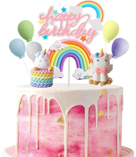 Jxuzh Einhorn Tortendeko Geburtstag Mädchen - Kuchendeko Mit Macaron, Happy Birthday, Regenbogen Und Bunte Ballons - Kuchen Topper