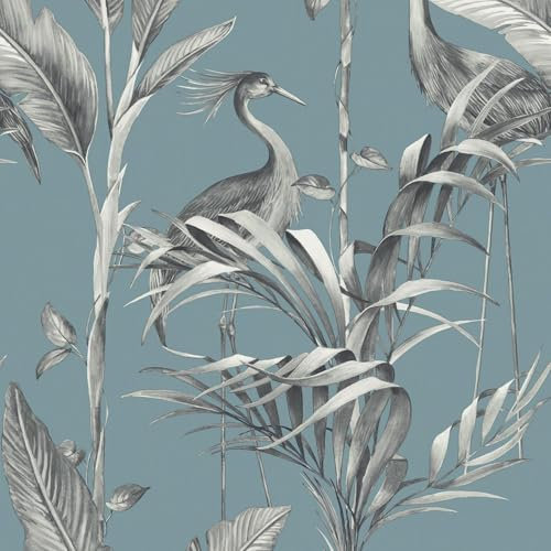 World of Wallpaper Azzurra Palm Leaf Birds Blue 9513 - Tropical Exotic Wallpaper for Walls, Living Room, Lounge, Bedroom, Hallway, Feature Wall